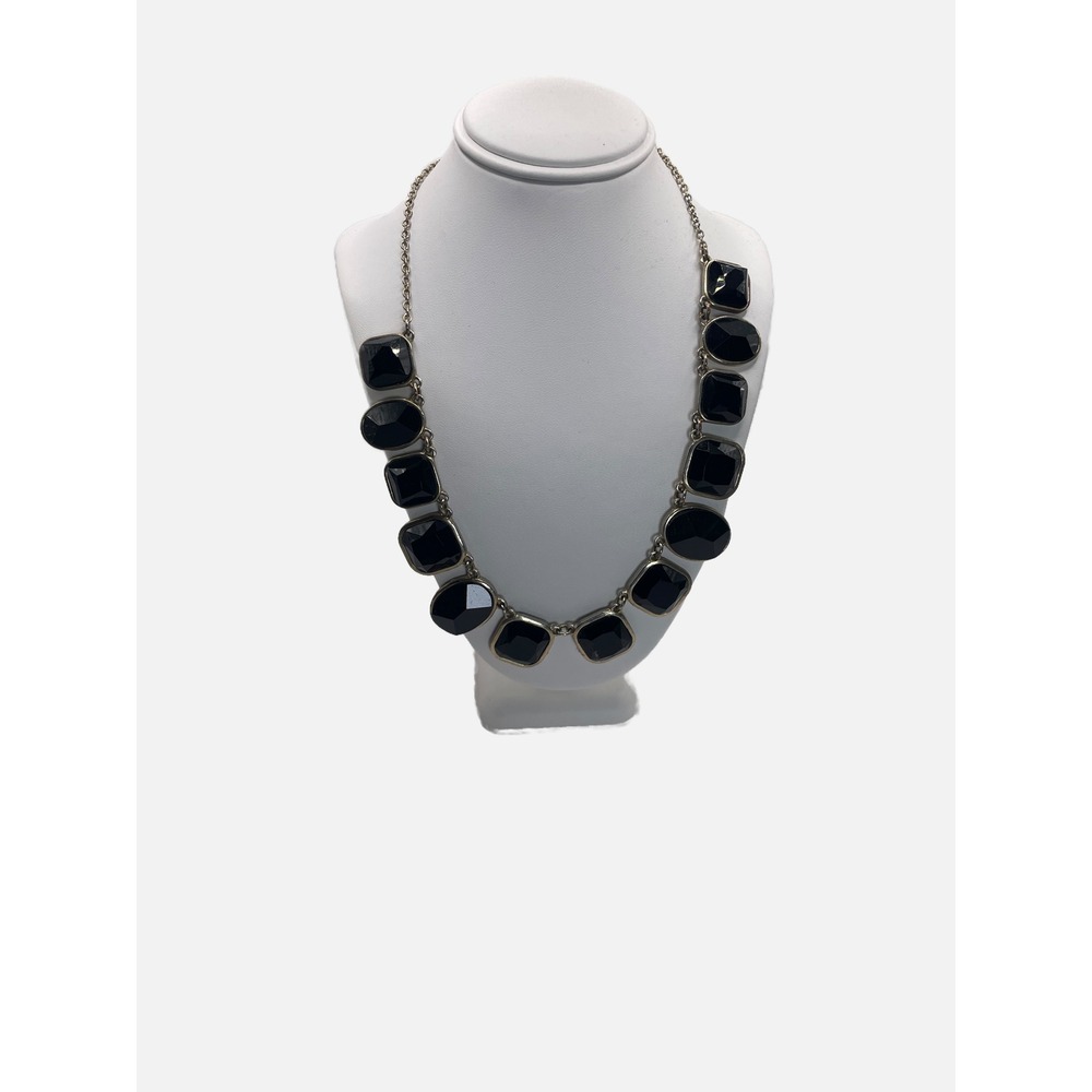 J Crew Statement Necklace Womens OS Black Faceted Stone Silver Tone Glam Jewelry